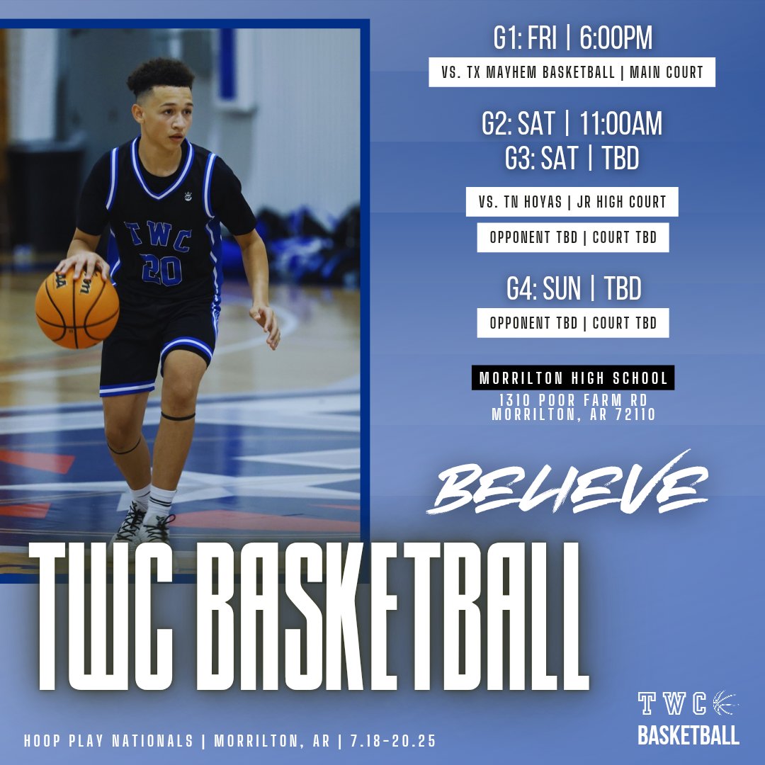 TWC Basketball (@twc_basketball) on Twitter photo ๐๐ Itโs time for HoopPlay Nationals right here in our home base of Morrilton.
We tip off tomorrow at 6PM against TX Mayhem in Devil Dog Arena. Game 2 will be Saturday morning vs TN Hoyas in the junior high gym, with the rest of our schedule determined by how we compete. ๐๐ Itโs time for HoopPlay Nationals right here in our home base of Morrilton.
We tip off tomorrow at 6PM against TX Mayhem in Devil Dog Arena. Game 2 will be Saturday morning vs TN Hoyas in the junior high gym, with the rest of our schedule determined by how we compete.