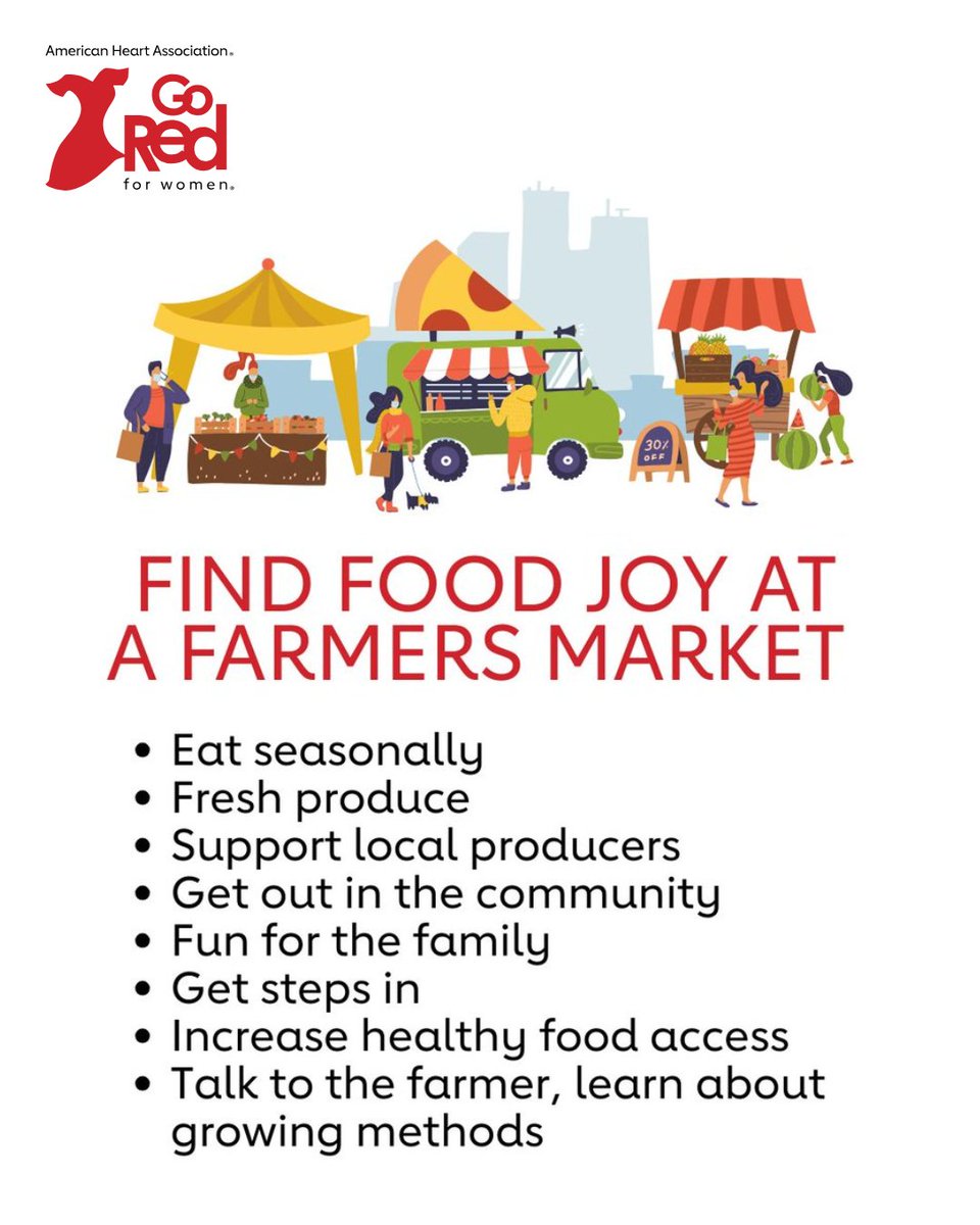 GoRedForWomen's tweet image. The delicious fresh fruits and vegetables are just part of the happiness your local Farmers Market can bring. Make plans to get some fresh air, support local growers and meet up with your neighbors. 🥒 🥕 🍎 🍊