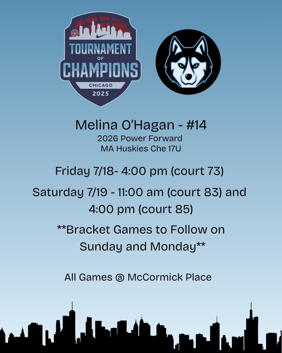 Melina O’Hagan (@melina_ohagan) on Twitter photo Excited to play in my final AAU tournament this weekend at the Tournament of Champions in Chicago!!! Grateful for my teammates, coaches, and all that made this possible! <a href="/niketoc/">Nike Tournament of Champions</a> <a href="/MAHuskies/">MA_Huskies</a> <a href="/coachchekim1/">Che</a> Excited to play in my final AAU tournament this weekend at the Tournament of Champions in Chicago!!! Grateful for my teammates, coaches, and all that made this possible! <a href="/niketoc/">Nike Tournament of Champions</a> <a href="/MAHuskies/">MA_Huskies</a> <a href="/coachchekim1/">Che</a>