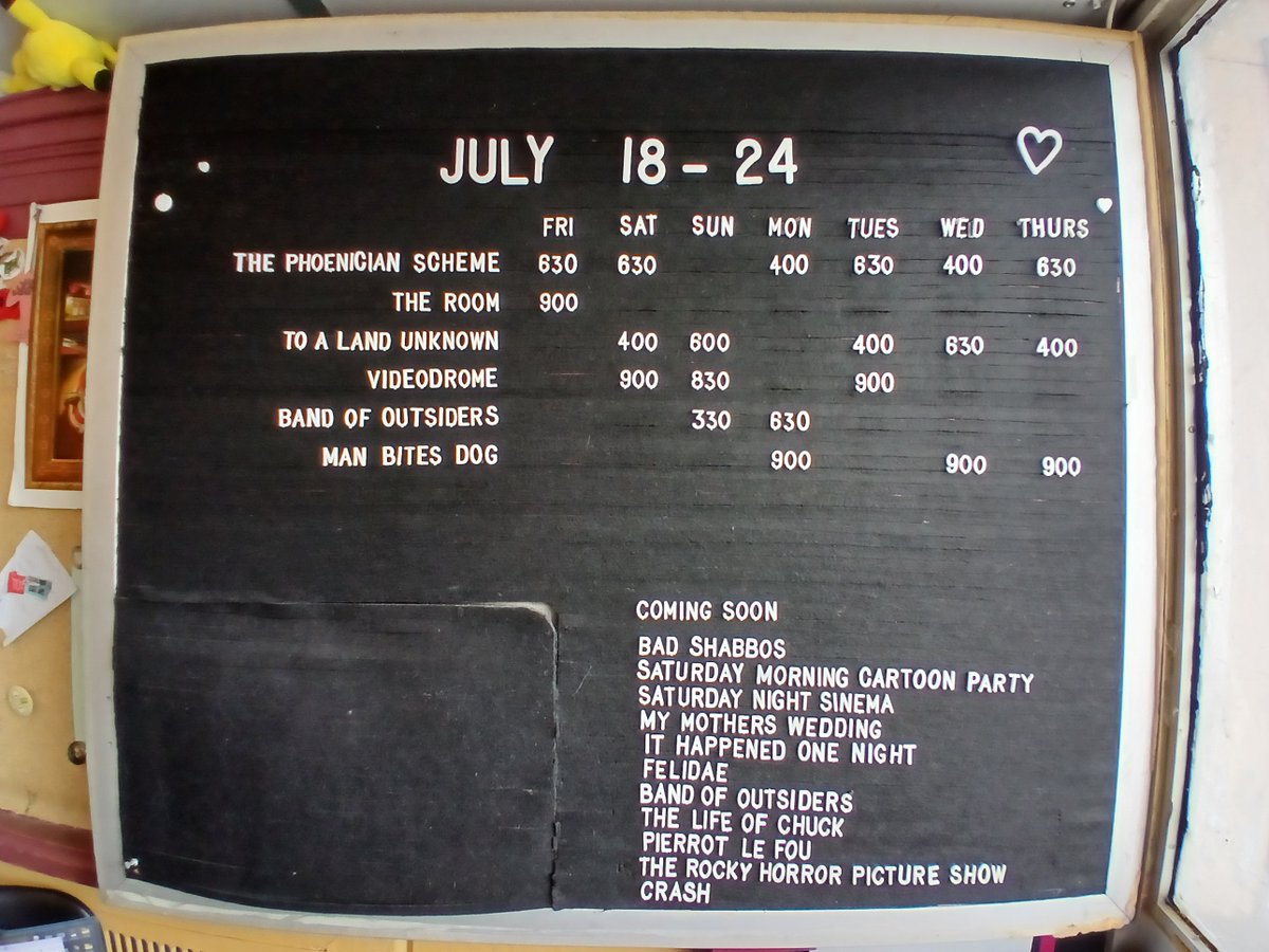 mayfairtheatre's tweet image. Old timey Mayfair Theatre bulletin board for July 18 - 24!
-The Phoenician Scheme- 3rd Week!
-The Room- Screening 187!
-To A Land Unknown- Ottawa Premiere!
-Videodrome- Cronenberg Film Fest!
-Band Of Outsiders- Godard Film Fest!
-Man Bites Dog- "brilliant" (Front Row Reviews)