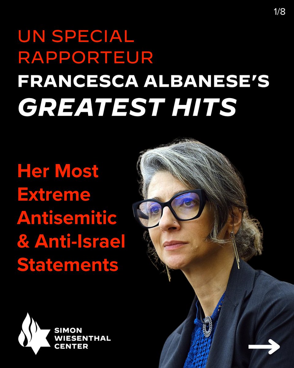 simonwiesenthal's tweet image. The Simon Wiesenthal Center supports the U.S. decision to sanction UN Special Rapporteur Francesca Albanese (@FranceskAlbs) for spreading antisemitism and targeting Israel.
View images to see how she:
❌ Justifies the October 7 Massacre
❌ Denies Israel’s right to…