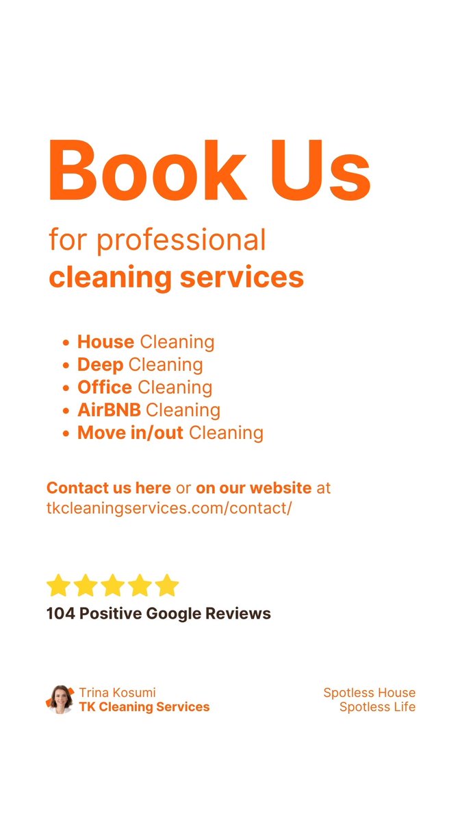 Book Us for professional cleaning services

House Cleaning
Deep Cleaning
Office Cleaning
AirBNB Cleaning
Move in/out Cleaning

Contact us here or on our website at tkcleaningservices.com/contact/
