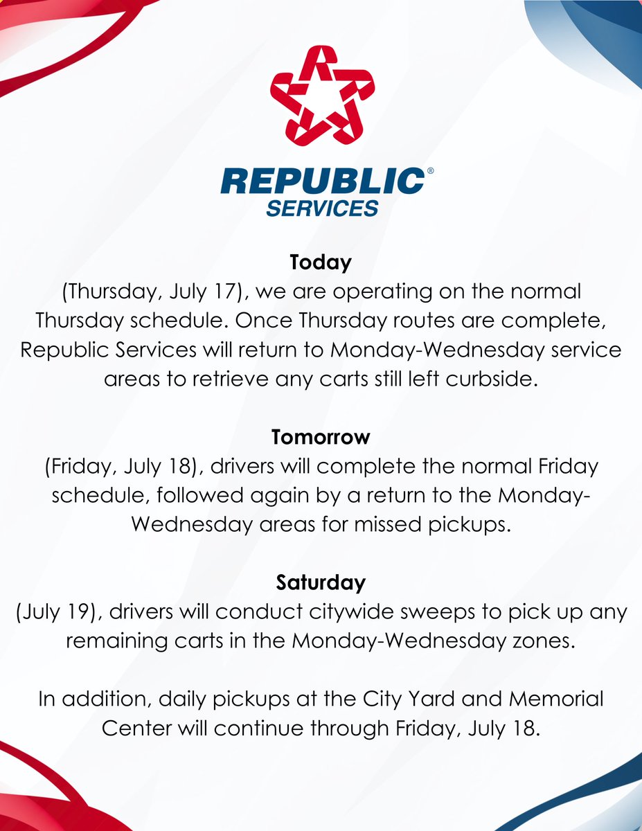 hawthorneCAL's tweet image. Republic Services have begun services again. Here's a brief message concerning upcoming services.
Any questions must be made to Republic Services at 800-299-4898
