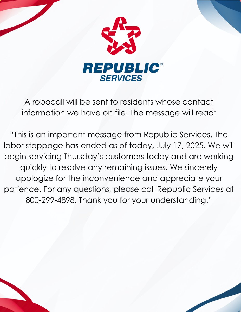 hawthorneCAL's tweet image. Republic Services have begun services again. Here's a brief message concerning upcoming services.
Any questions must be made to Republic Services at 800-299-4898