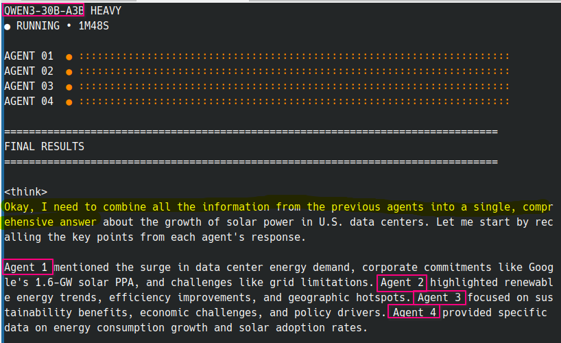 Sujee Maniyam (@sujee_dev) on Twitter photo 😎 Cool project: make-it-heavy by <a href="/skirano/">Pietro Schirano</a> — Grok Heavy-style multi-agent orchestration in Python.
github.com/Doriandarko/ma…
<a href="/demian_ai/">dylan ツ</a> got it running on <a href="/nebiusaistudio/">Nebius AI Studio</a>.
github.com/demianarc/make…
Tried it with QWEN3-30B-A3B 💥
Prompt: “Growth of solar power in US data centers”
4 😎 Cool project: make-it-heavy by <a href="/skirano/">Pietro Schirano</a> — Grok Heavy-style multi-agent orchestration in Python.
github.com/Doriandarko/ma…
<a href="/demian_ai/">dylan ツ</a> got it running on <a href="/nebiusaistudio/">Nebius AI Studio</a>.
github.com/demianarc/make…
Tried it with QWEN3-30B-A3B 💥
Prompt: “Growth of solar power in US data centers”
4