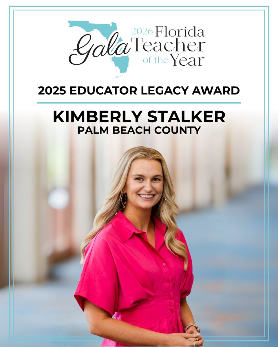 EducationFL's tweet image. The 2025 Educator Legacy Award has been awarded to Kimberly Stalker of Palm Beach County. Kimberly excels in project-based learning to instill a love of learning for students. Congratulations, Kimberly! #FLTOY2026 #FloridaTeachersLead