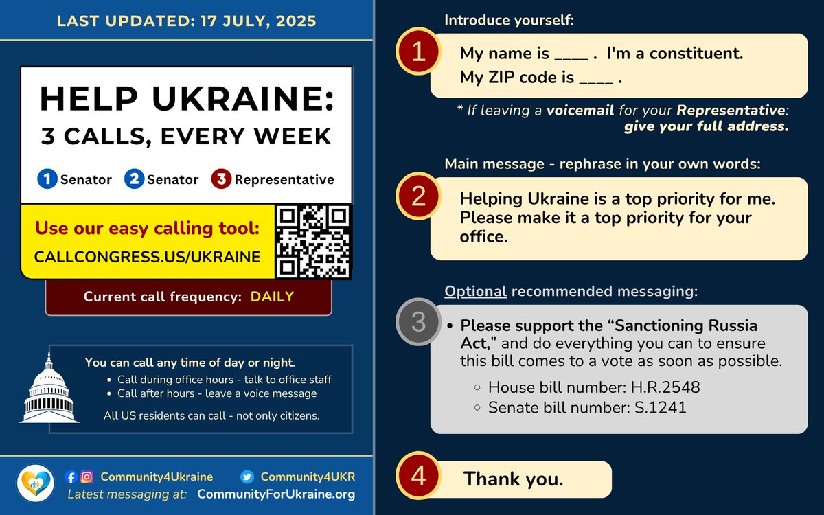Community4UKR's tweet image. LATEST MESSAGING: 17 July, 2025
Have you made your 3 calls to Congress yet today? Here's how!
- Current call frequency: DAILY.
- Tip: Save the numbers of your 3 offices to your phone contacts
Find yours at callcongress.us/ukraine