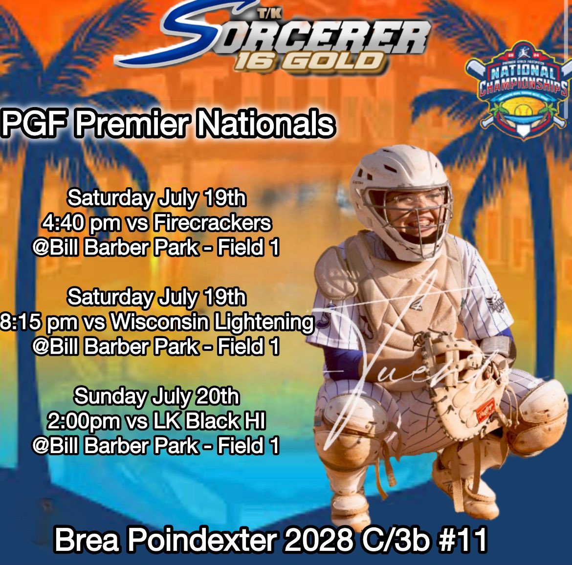My team and i will be playing in the 16u Premier Nations this upcoming week! I have attached my schedule down below!
<a href="/MelyssaLombardi/">Melyssa Lombardi</a> <a href="/Sam_Marder/">sam marder</a> <a href="/lysssscat32/">Alyssa Palomino-Cardoza</a>  <a href="/Trisha_Ford/">Trisha Ford</a>  <a href="/RussHeffley/">Russ Heffley</a> <a href="/CoachTarr/">Heather Tarr 🦄 💜</a>  <a href="/BKilpatrick22/">BradKilpatrick22</a> <a href="/StacyMayJohnson/">Stacy May-Johnson</a> <a href="/Hey_Coach_Bobby/">Bobby Alvara</a>  <a href="/shelbymiller198/">Shelby Miller</a>