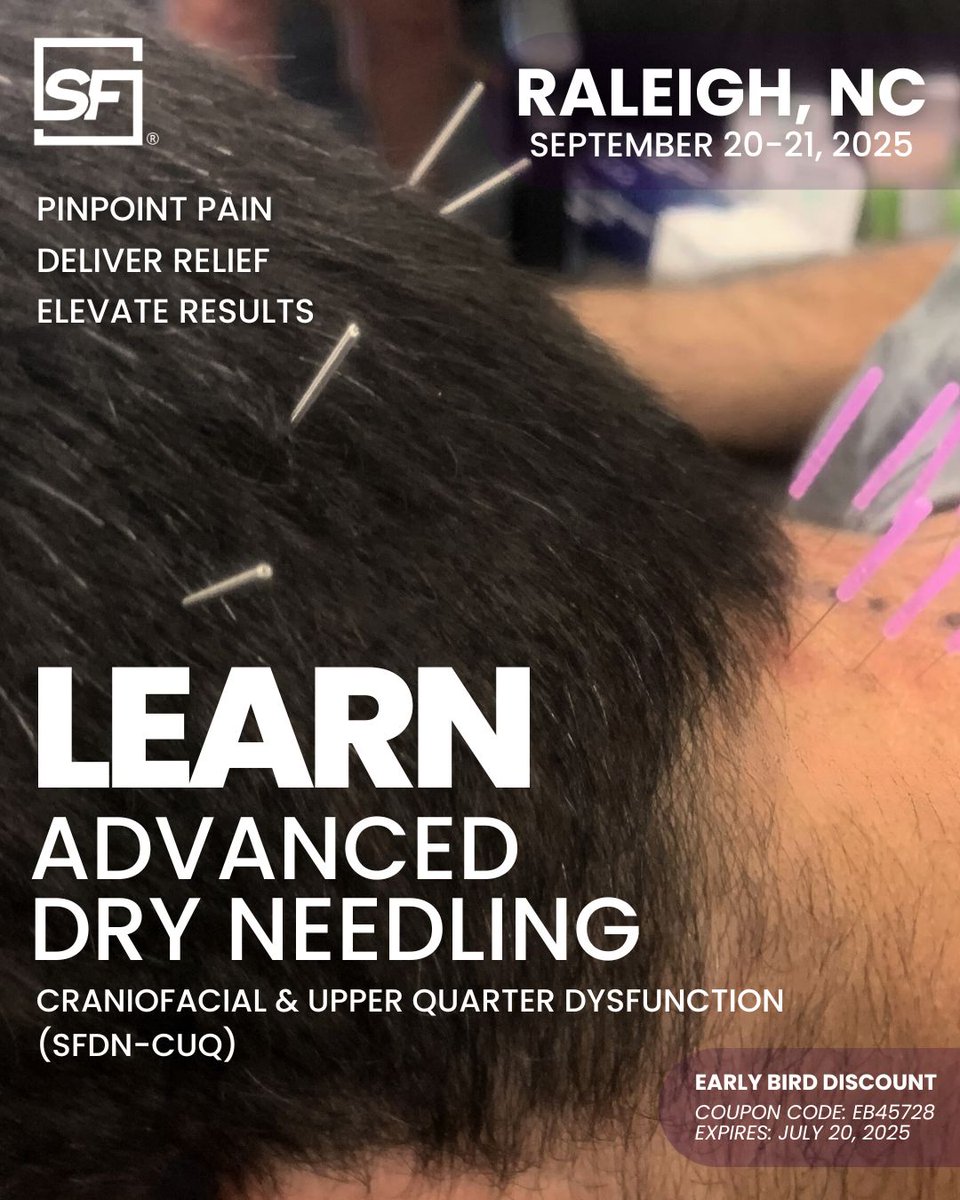 sfdryneedling's tweet photo. 🎯 Raleigh clinicians — Pinpoint pain. Deliver relief.
 Join us Sept 20–21 for SFDN-CUQ: Advanced Dry Needling for craniofacial &amp; upper quarter dysfunction.
💡 TMJ, migraines, TOS &amp; more
 💥 $150 OFF w/ code EB45728 by July 20
 🔗 Sign up: https://t.co/7y9QafZVRG https://t.co/DWV7wJc3qC