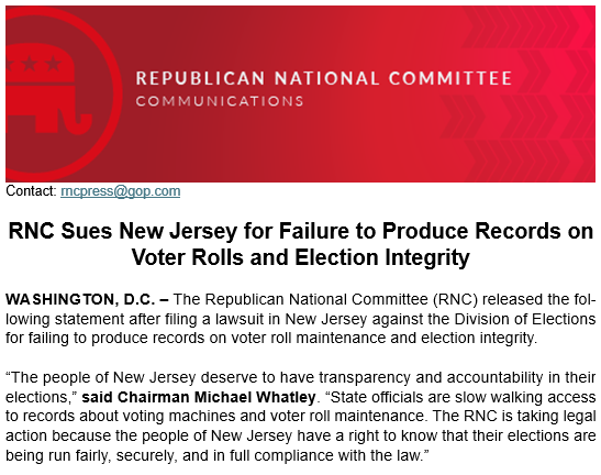 ChairmanWhatley's tweet image. The RNC is suing the New Jersey Division of Elections for failing to produce records on voter roll maintenance.
We need transparency in elections, but NJ officials are refusing access to records.
New Jersey has the right to know that their elections are being run securely.