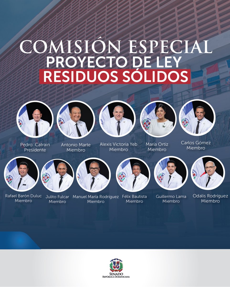 Senado de la República Dominicana (@senadord) on Twitter photo Comisión Especial para modificación Ley Gestión Integral y Coprocesamiento Residuos Sólidos será presidida <a href="/senador_catrain/">Pedro Catrain</a> y <a href="/AntonioMartePPG/">ANTONIO MARTE</a>, <a href="/avictoria_yeb/">Alexis Victoria Yeb</a> <a href="/Mariaortiz_D/">Maria Ortiz</a> <a href="/CholitinDuluc/">Rafael Barón Duluc</a> <a href="/JulitoFulcar/">Julito Fulcar</a> <a href="/NeyRodriguez24/">Ney Rodríguez</a> <a href="/GuillermoLama/">Guillermo Lama</a> <a href="/CarlosGomezUS/">Carlos Gomez Senador</a> <a href="/OdalisSenador/">Odalis Senador 2024</a> <a href="/felixrbautista/">Félix Bautista</a> Comisión Especial para modificación Ley Gestión Integral y Coprocesamiento Residuos Sólidos será presidida <a href="/senador_catrain/">Pedro Catrain</a> y <a href="/AntonioMartePPG/">ANTONIO MARTE</a>, <a href="/avictoria_yeb/">Alexis Victoria Yeb</a> <a href="/Mariaortiz_D/">Maria Ortiz</a> <a href="/CholitinDuluc/">Rafael Barón Duluc</a> <a href="/JulitoFulcar/">Julito Fulcar</a> <a href="/NeyRodriguez24/">Ney Rodríguez</a> <a href="/GuillermoLama/">Guillermo Lama</a> <a href="/CarlosGomezUS/">Carlos Gomez Senador</a> <a href="/OdalisSenador/">Odalis Senador 2024</a> <a href="/felixrbautista/">Félix Bautista</a>