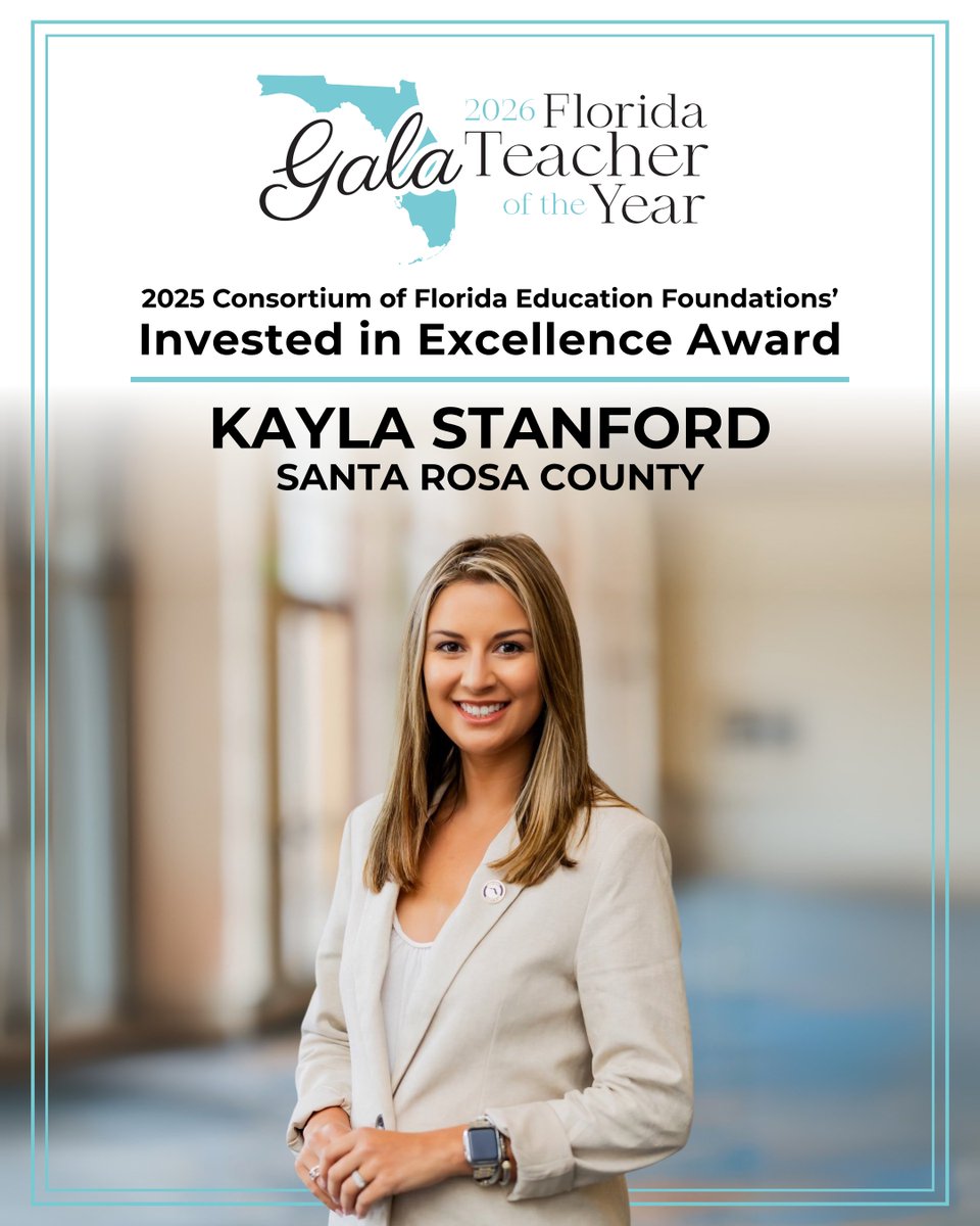 EducationFL's tweet image. Congratulations to Kayla Stanford of Santa Rosa County on being named the 2025 “Invested in Excellence Award” recipient. This award, recognized by the Consortium of Florida Education Foundations, is presented to an educator who expands learning opportunities for students.…