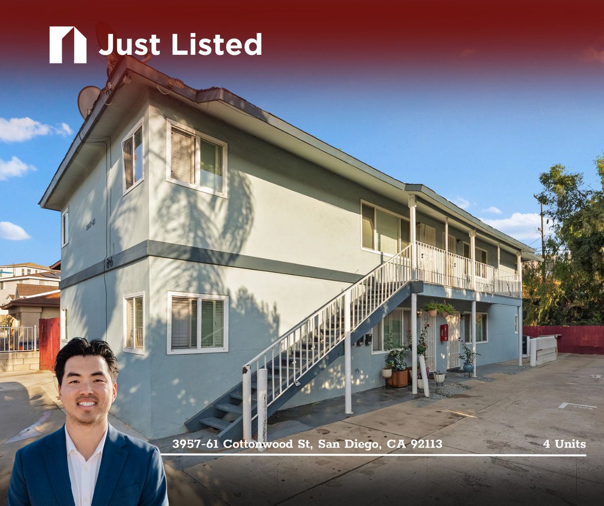 jasonjosephlee's tweet image. Just listed this fully turnkey 4-unit investment property in 92113!

This stabilized asset features (4) 2-bed/1-bath units, each approximately 720 SF, generating $8,216/month in gross income with a current 4.6% cap rate.

Contact me at jason@naraadvisors.com or (858) 336-9688 for…