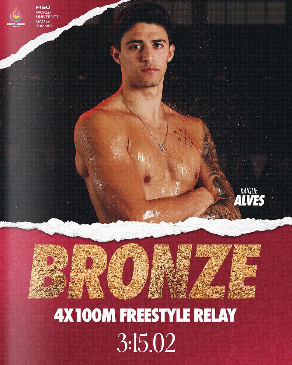 AlabamaSwimDive's tweet image. Bronze Medalist‼️
With his team’s fastest split time, Kaique swims the second leg of the 4x100m freestyle relay in 47.96 and propels Brazil to a bronze medal 🔥
#RollTide #WorldUniversityGames