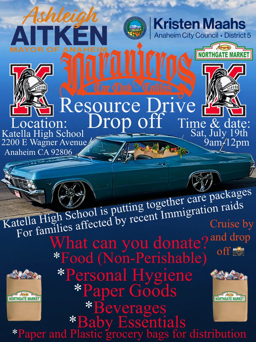 SenatorUmberg's tweet image. This Saturday from 9-12, Katella HS students, Mayor Aitken, Councilmember Maahs, @NorthgateGlzMrk, and the Naranjeros Car Club are putting together care packages for families in our community impacted by the ICE raids. If you can donate items they are highly appreciated!