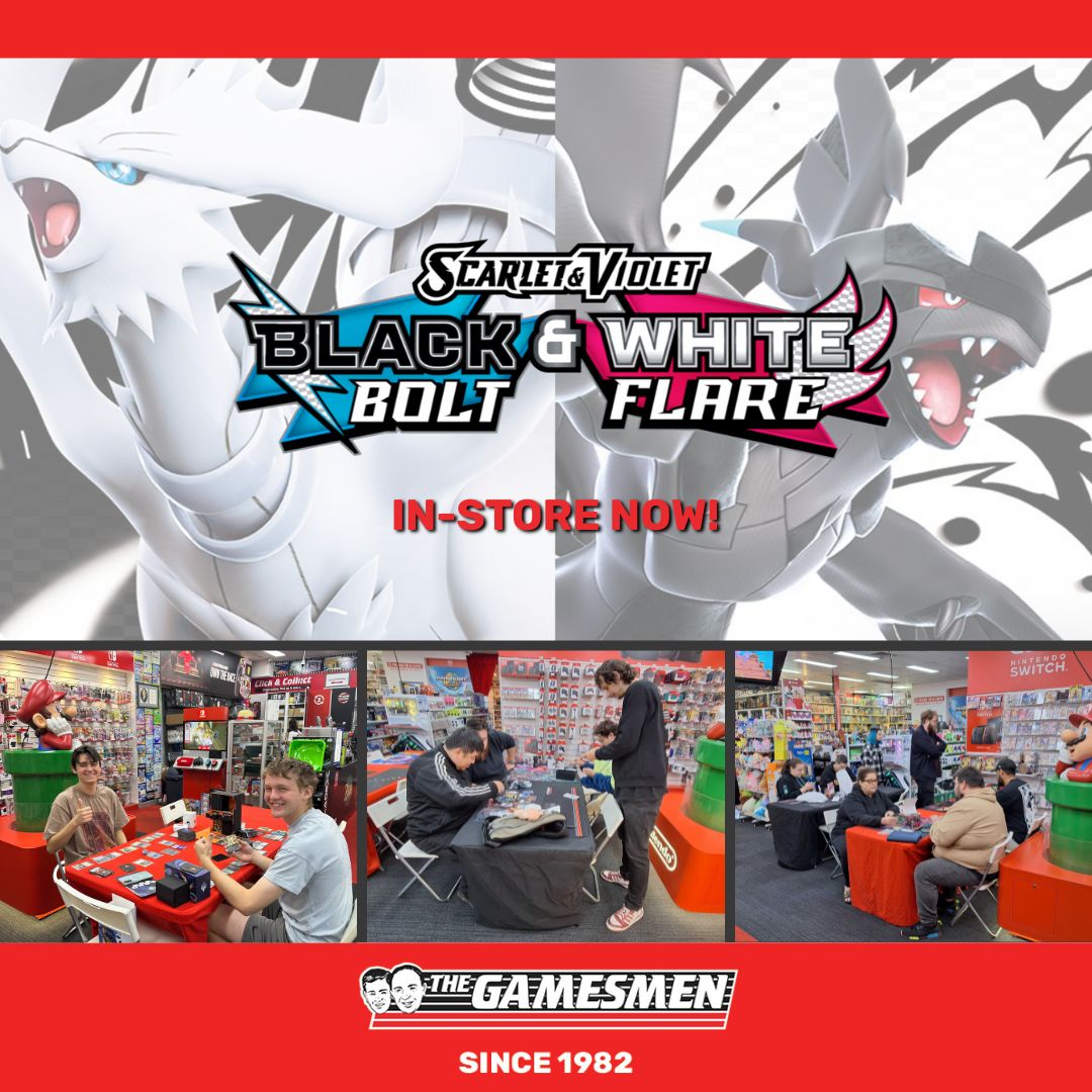 Pokemon Black Bolt and White Flare just hit our shelves! ⚡ 
This series is only available in-store - we've got tables set up for anyone who wants to crack some packs, jump into a game, or do some trading with fellow trainers.