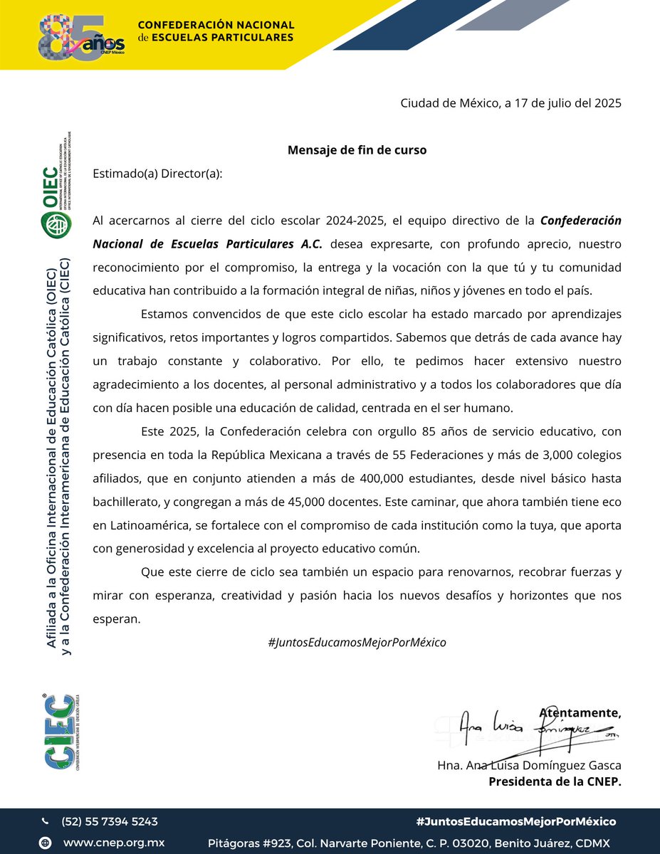✨ Gracias por un año más lleno de compromiso, retos y logros compartidos.

En la CNEP reconocemos la labor de directivos, docentes, personal administrativo y colaboradores que hacen posible una educación humana, integral y de calidad.

#JuntosEducamosMejorPorMéxico
#CNEP85Años
