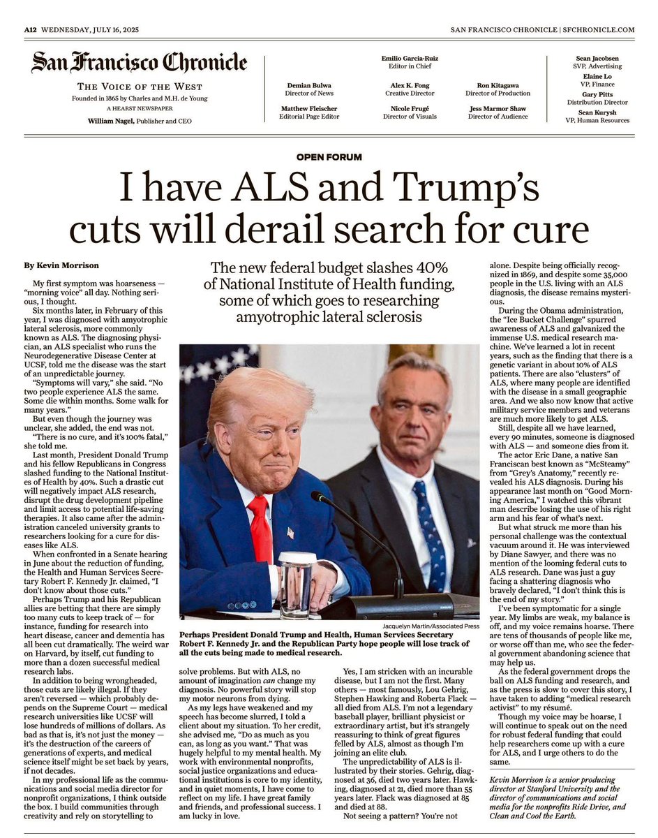 CathyStandish's tweet image. There are no party politics involved with ALS. “No two people experience ALS the same way..” That is why research for a treatment, a cure, MUST continue. Because the sad truth of the disease is … you never know when ALS might come your way.
@NIH @sfchronicle #SupportALS…