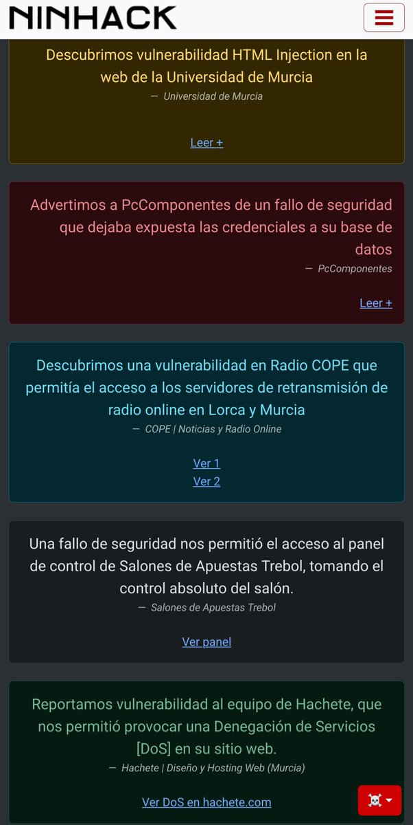 Algunas de las Vulnerabilidades y Fallos de Seguridad reportados a empresas por parte de Ninhack.

#CiberseguridadMurcia #Hacking #NinhackCiberseguridad #Murcia