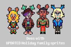 CrazColorCandy's tweet photo. Seeing so many people do their take on Dess Holiday. I had to try my take on her too~

Even did a little sprite work as well. Also updating some of the Holidays cause my god they feel so inconsistent at times lol~

#deltarunefanart #deltarune #DessHoliday https://t.co/Ks9ofUizLU