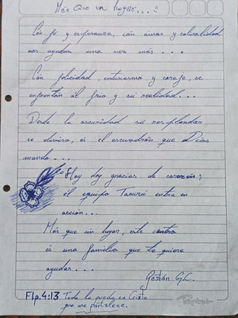 A menos de un mes de la apertura del centro para personas en situación de calle, compartimos la carta de Gastón, (uno de los usuarios) dirigida a los educadores/as de Tacurú que comparten día a día con él. Su mensaje refleja algunas de las experiencias q vivimos en este proyecto