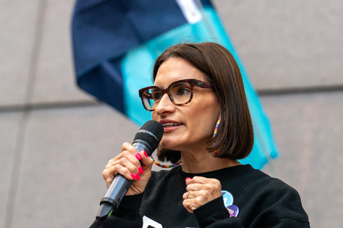 daviss's tweet image. Minnesota Lieutenant Governor and US Senate candidate Peggy Flanagen speaks to protesters who are preparing to march through downtown Minneapolis during nationwide “Good Trouble” protests.