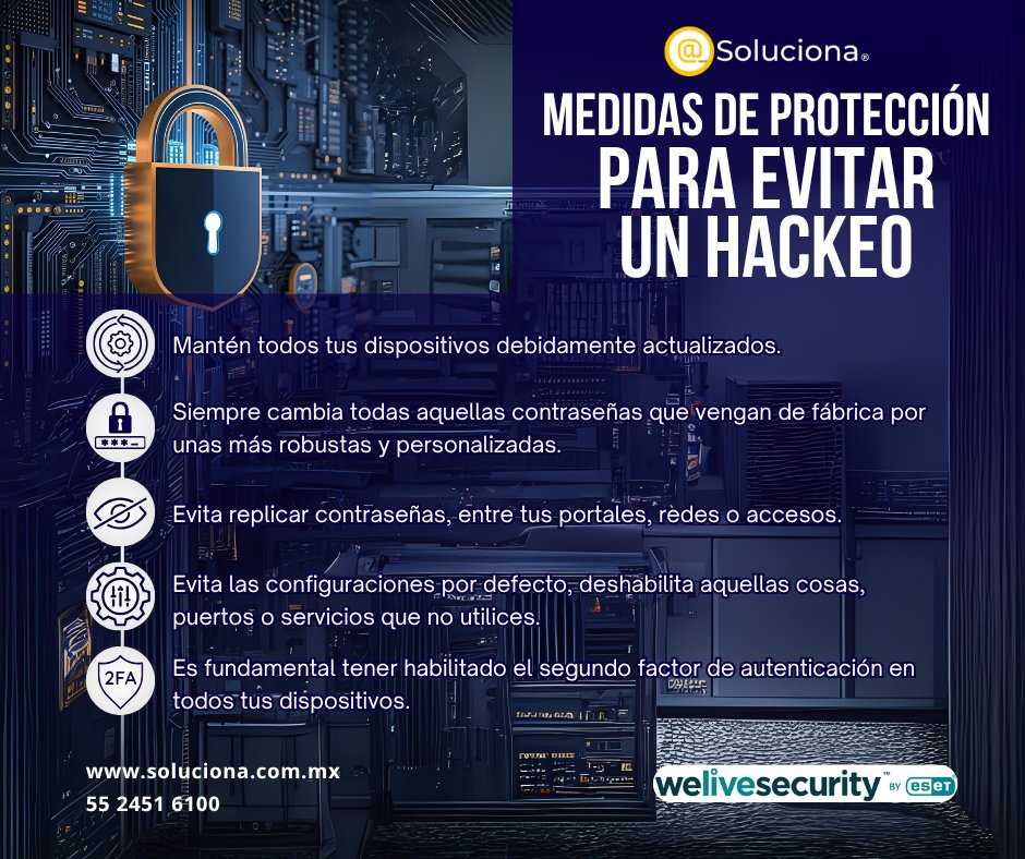 ¿Listo para estar a salvo? 🔐 Con información de WeLiveSecurity by <a href="/ESETLA/">ESET Latinoamérica</a>, te mostramos cómo evitar un hackeo con pasos sencillos y efectivos. ¡Tu seguridad es lo primero!

En Soluciona, tenemos las herramientas para implementarlos por ti. ¡Contáctanos!

#Ciberseguridad