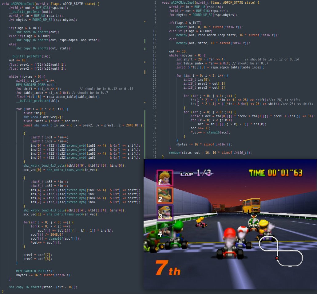 falco_girgis's tweet image. We just had a MASSIVE audio performance breakthrough with jnmartin's port of Mario Kart 64 to the Sega Dreamcast! The ADPCM audio decoder which runs in software on our main 200Mhz SH4 CPU has now been optimized AF and has yielded substantial gainz!
The code on the right side is…