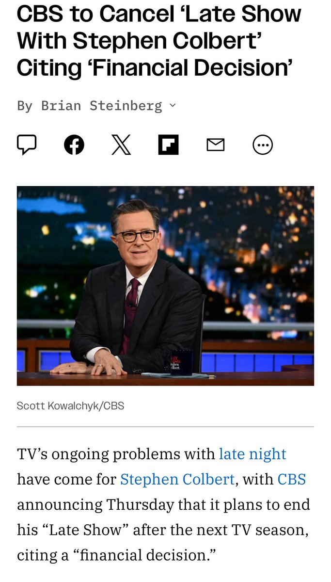 DougKlain's tweet image. I mean come on, @CBS is really claiming it’s cancelling the decades-long flagship Late Show as a “financial decision?” You couldn’t fool a fifth-grader with that.