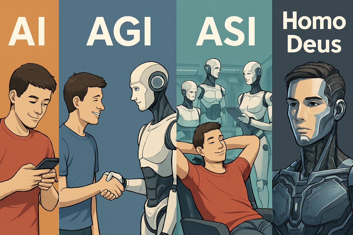 Tahapan peradaban siap kita saksikan:

1. AI sudah jadi hal umum

2. AGI (Artificial General intelligence) sudah di depan mata

3. ASI (Artificial Superintelligence)

4. Homo Deus: Homo Sapiens bersatu dengan Komputer, ASI, dan Mesin. Tahap awal keabadian Manusia