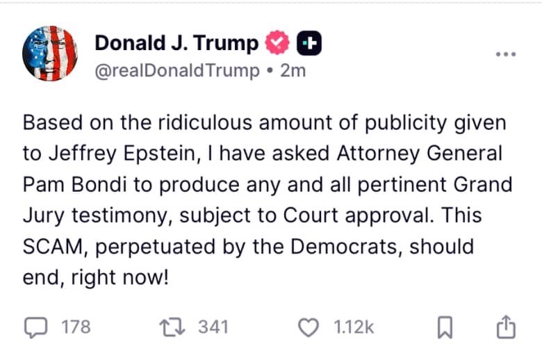_StephanieMyers's tweet image. 🚨🚨🚨
President Trump says he’s asked AG Pam Bondi “to produce any and all pertinent Grand Jury testimony.”
Bondi has responded that she’s going to ask the court to unseal the transcripts tomorrow.