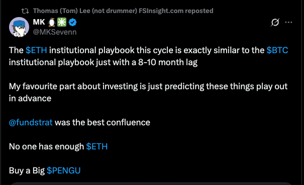 Whats happening here 👀- <a href="/fundstrat/">Thomas (Tom) Lee (not drummer) FundstratDirect.com</a> reposting $pengu posts

Guys telling you grab a big $pengu in this dip
both the nfts and $pengu is down