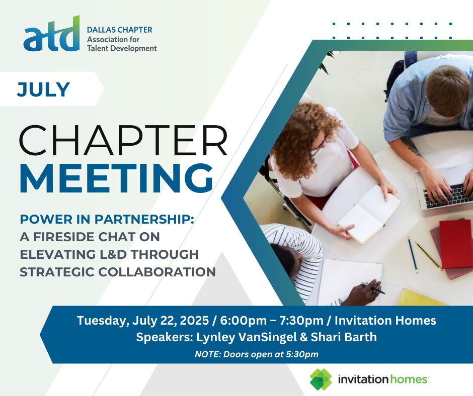 🚨 ATD Dallas July Chapter Meeting: Power in Partnership 🚨
📅 Tuesday, July 22 | 🕕 6:00–7:30 PM | 📍 Invitation Homes, Dallas TX

🔗 Register: tddallas.org/event-6254560

#ATDDallas #LDPowerInPartnership #Dallasknowstalent #LearningAndDevelopment #FiresideChat