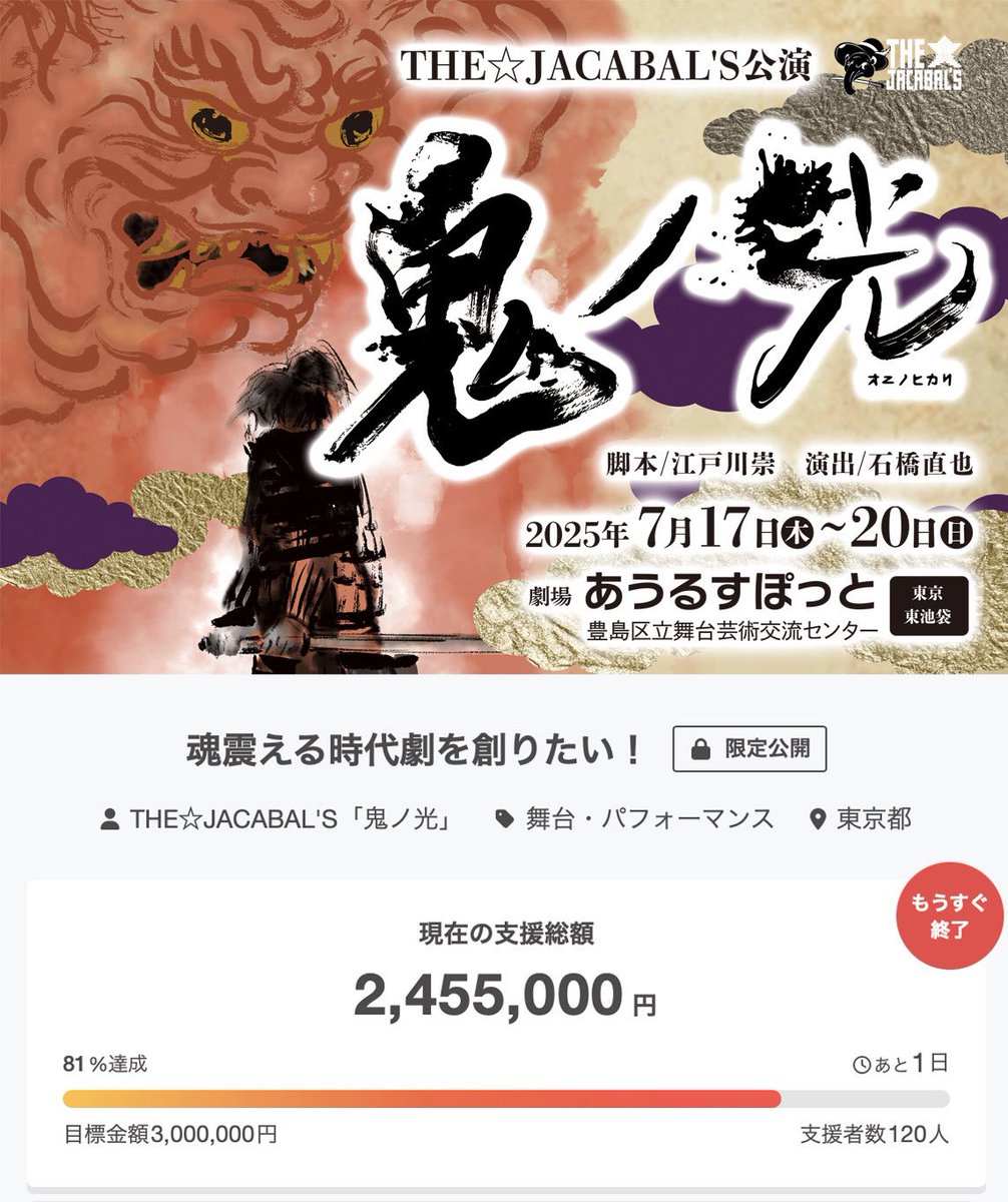Jacabal8's tweet image. #鬼ノ光
🔥残り1日🔥
沢山の御支援を頂き感謝いたします🌈
これまで【2,455,000円】
目標達成に向け81%に到達致しました⛰️
#ジャカクラファン
達成が見えてきました👀
7/19日 23時59まで受付可能🉑
何卒、お力をお貸し頂けますと幸いです🙇♂️
x.gd/8ysLr