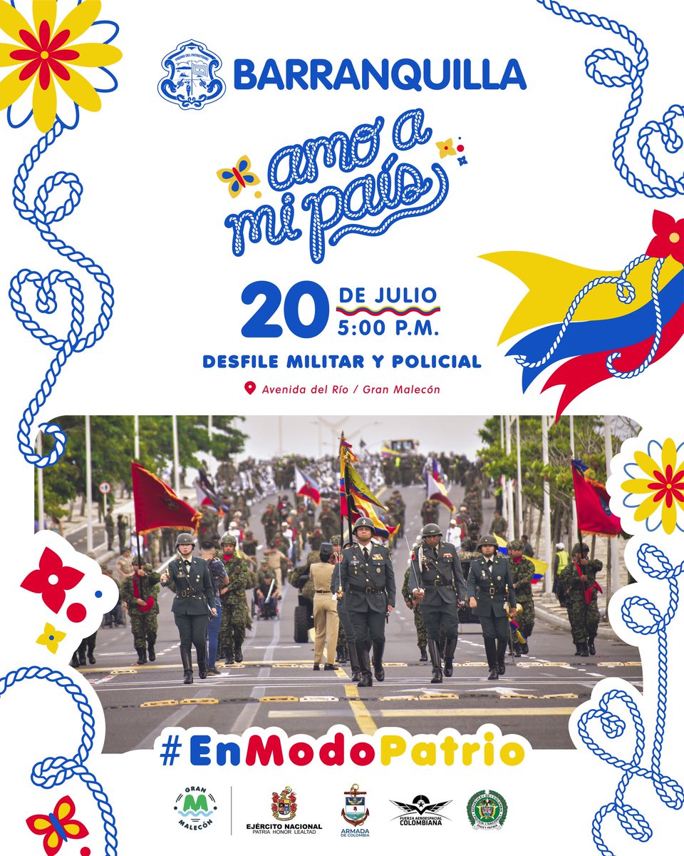 ¡Barranquilleros, los esperamos este domingo 20 de julio en el <a href="/Granmalecon_baq/">Gran Malecón</a>! 🇨🇴

Acompáñennos a disfrutar de un gran desfile para conmemorar los 215 años de independencia de Colombia, por la avenida del Río. 

Con orgullo patrio, el <a href="/COL_EJERCITO/">Ejército Nacional de Colombia</a>, <a href="/ArmadaColombia/">Armada de Colombia</a>,