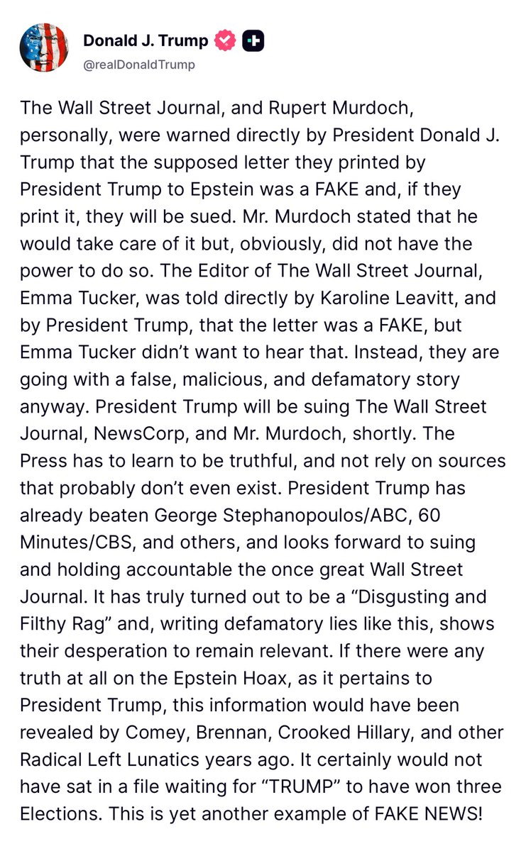 JUST IN: President Trump announces he will be suing The Wall Street Journal, NewsCorp, and Rupert Murdoch.

“Mr. Murdoch stated that he would take care of it but, obviously, did not have the power to do so.”