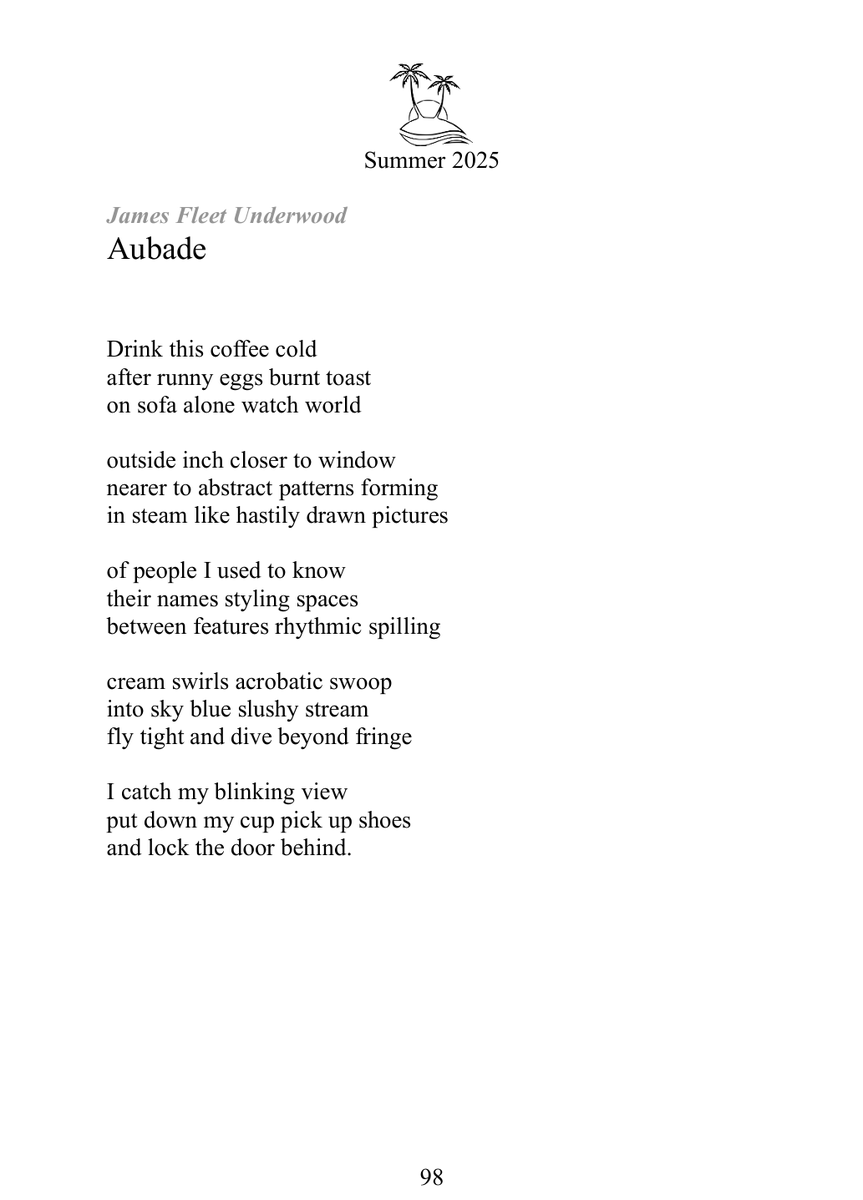 My new poem “Aubade” is out now in the Summer 2025 issue of The Orchards.Cold coffee, burnt toast, and ghosts in the steam.

🌐 Read it (pg. 98): 

orchardspoetry.com/wp-content/upl…

📸 Screenshot below:#poetry #Aubade #JamesFleetUnderwood #TheOrchards