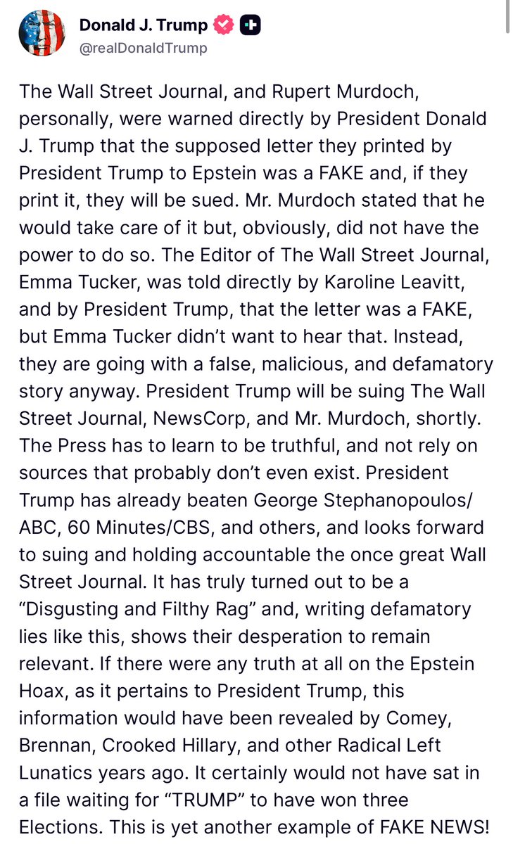 hugolowell's tweet image. New: Trump says he personally told Rupert Murdoch that the letter to Epstein with the drawing was fake and Murdoch would take care of it “but obviously did not have the power to do so” — Trump says he will be suing WSJ for publishing the story