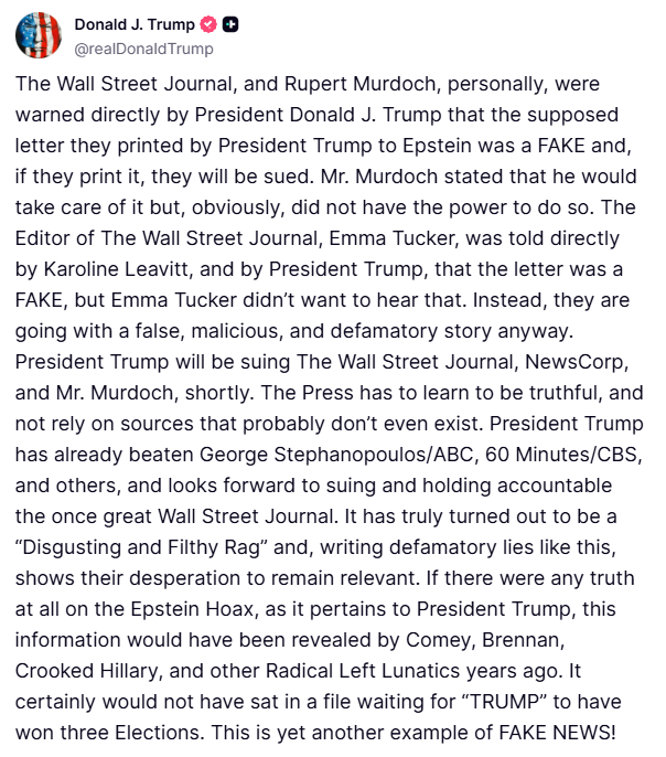 BNODesk's tweet image. Trump says he's suing the Wall Street Journal, NewsCorp and Rupert Murdoch over story alleging letter to Jeffrey Epstein