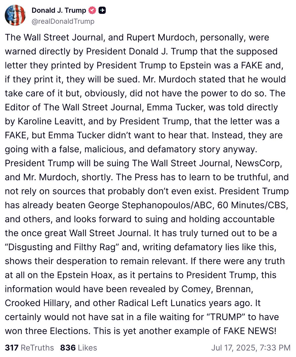 SharpsterX's tweet image. I get letters from Trump several times a week. Does the Wall Steet Journal believe THOSE are real?