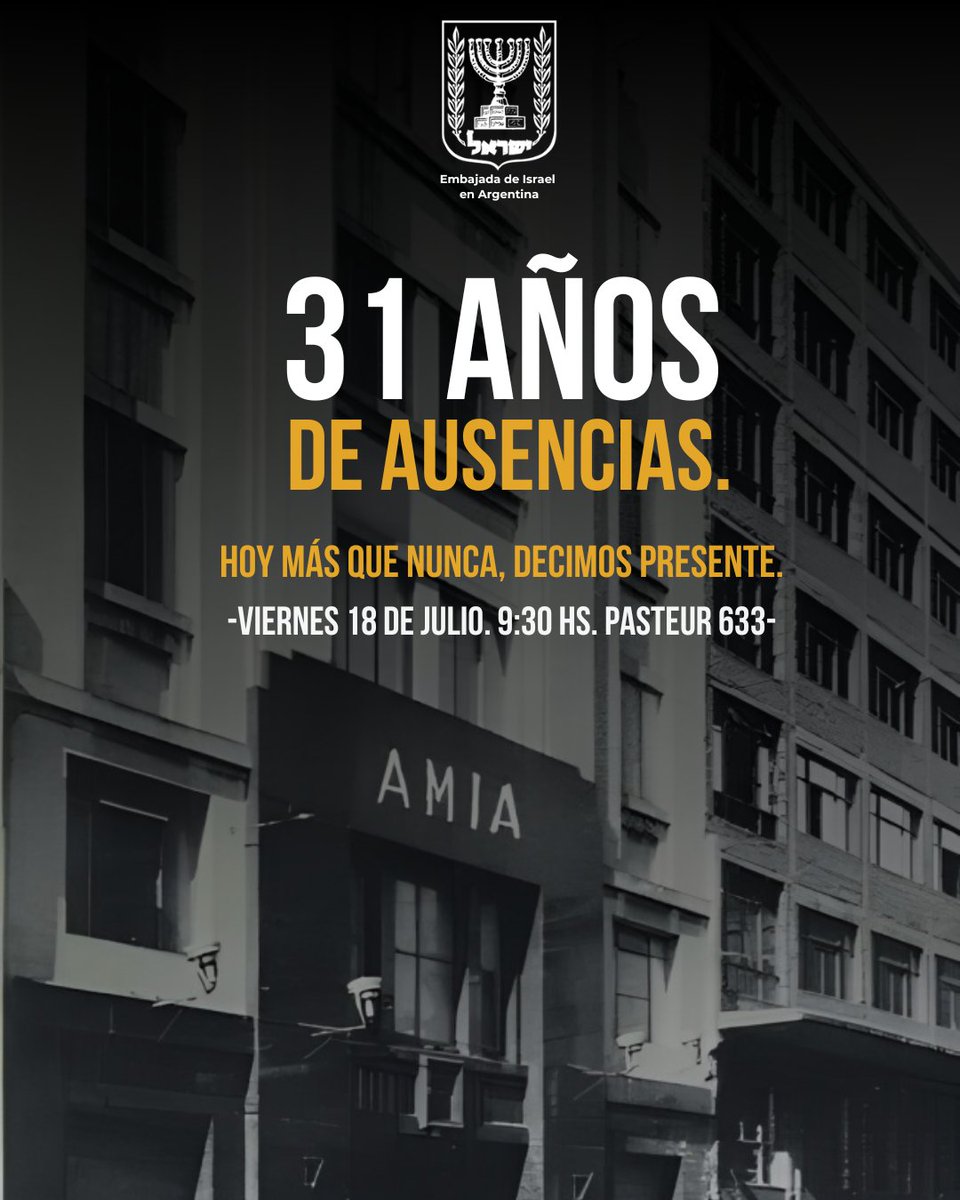 31 años del atentado a la AMIA.
La ausencia se sigue sintiendo.

En las fotos. En las mesas. En las calles.

Fueron 85 personas. Pero también sus familias.
Fueron sus vidas. Pero también las nuestras.

Hay ausencias que duelen.
Pero hay otras que con el tiempo deben empezar a dar