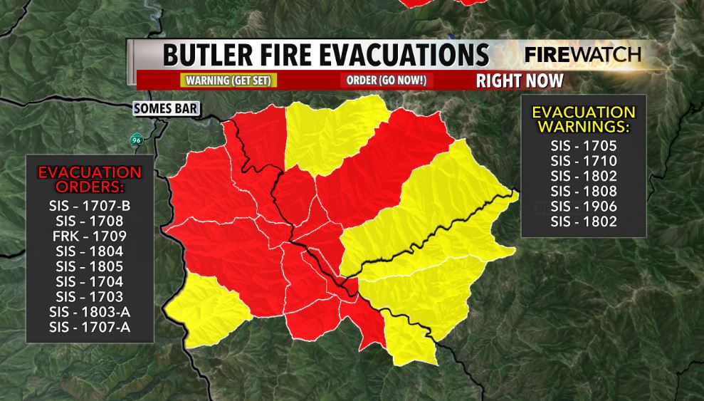matthoffmanwx's tweet image. An EVACUATION ORDER has been issued for the community of Forks of Salmon in Siskiyou County due to the #ButlerFire. The fire has crossed the river. People need to evacuate with the evacuation route through Cecilville. kdrv.com/news/top-stori…