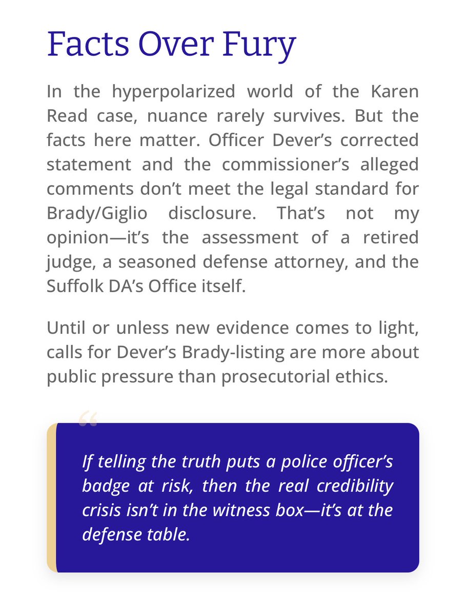 NoodleMom1983's tweet image. Great to know for poor Officer Dever! She is another innocent victim of Karen Read!
From the article:
“Retired Superior Court Judge Jack Lu dismissed Jackson’s Brady claim outright. Lu told Justice Case Analysis:
“The actions of Officer Dever do not meet the requirements for a…