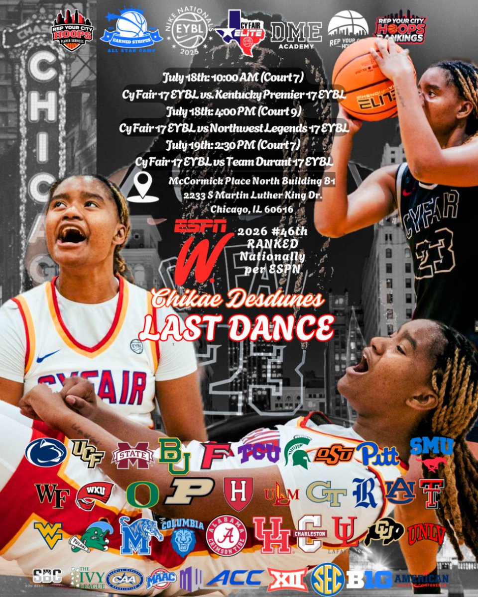 Rep Your City Hoops (@repyourcityhoop) on Twitter photo Last Dance for the #1 2026 in Louisiana and #46 ranked 2026 in the country per @espnw, <a href="/2026_chikaedez/">Chikae Desdunes</a> of <a href="/DMEACADEMYGBB/">DME Academy Girls Basketball</a> and <a href="/CFEliteSports/">CyFair Elite Sports</a> 17U Nike EYBL!
#Road2Chi #2025EYBL Last Dance for the #1 2026 in Louisiana and #46 ranked 2026 in the country per @espnw, <a href="/2026_chikaedez/">Chikae Desdunes</a> of <a href="/DMEACADEMYGBB/">DME Academy Girls Basketball</a> and <a href="/CFEliteSports/">CyFair Elite Sports</a> 17U Nike EYBL!
#Road2Chi #2025EYBL