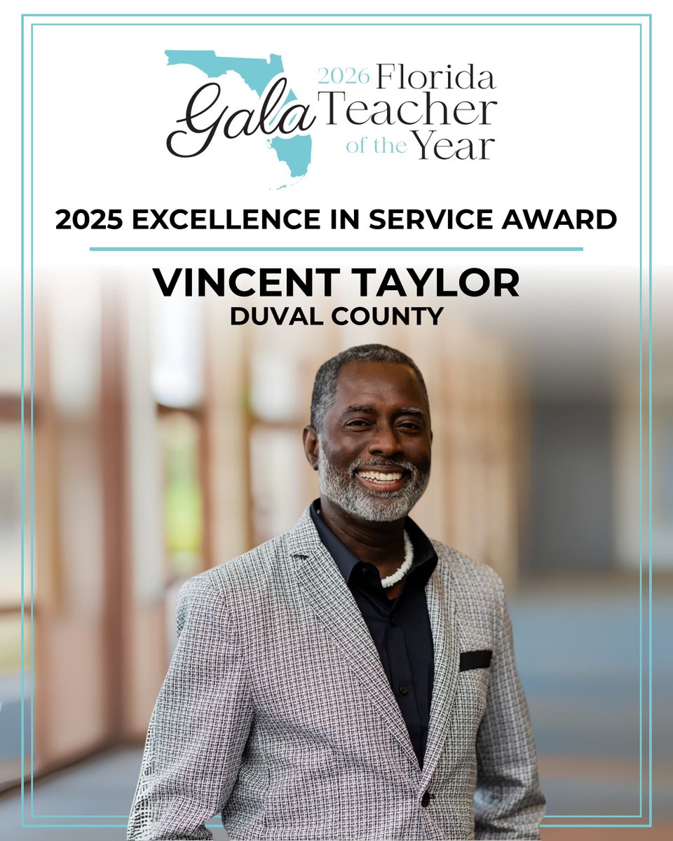 EducationFL's tweet image. Congratulations to Vincent Taylor of Duval County for being recognized as the 2025 Excellence in Service Award recipient. This award is presented to a teacher who goes above and beyond to make their community a better place. #FLTOY2026 #FloridaTeachersLead