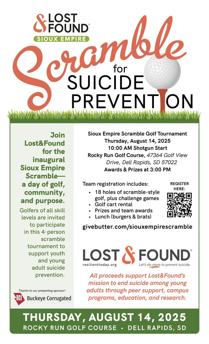resilienttoday's tweet photo. We are getting SO EXCITED about our inaugural Lost&amp;Found-sponsored golf tournaments! These posters are now up at their respective locations. 

Have YOU signed up yet?!

AUG. 14, DELL RAPIDS: https://t.co/55Ihek7vom 
SEPT. 10, MITCHELL: https://t.co/VOx0ZvmeoI https://t.co/OXQztySxSN