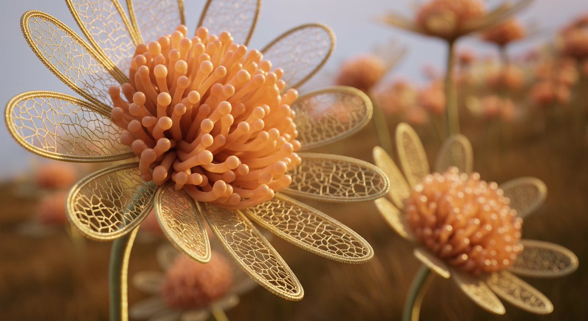 Team_Greenfield's tweet image. Generated with Imagen 4  

Prompt: A sophisticated, artistic photograph captures a cluster of fantastical, flower-like sculptures from a slightly low and intimate camera angle. The primary subject, a large, daisy-shaped bloom, is composed dynamically in the upper left, its form…