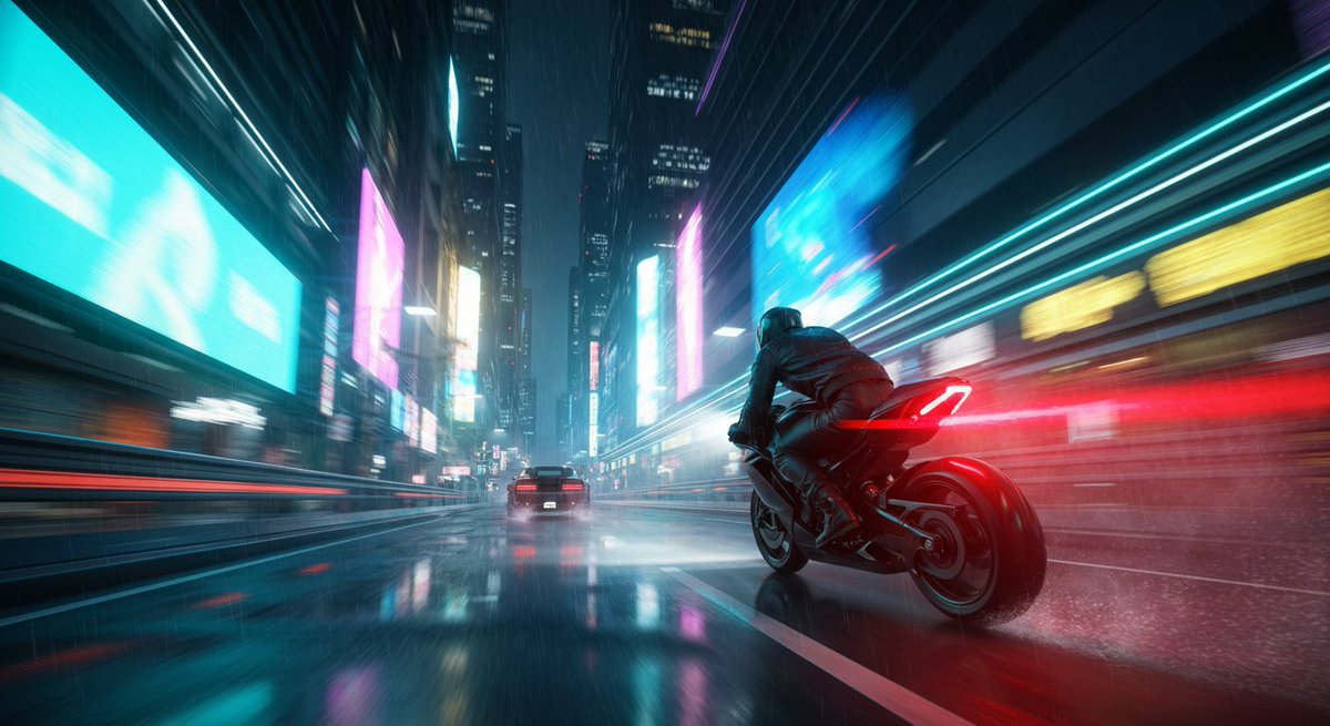 Team_Greenfield's tweet image. Generated with Imagen 4  

Prompt: This is an electrifying, high-octane image capturing a futuristic motorcycle chase through a rain-slicked, neon-drenched urban canyon at night. The perspective is low and dynamic, as if attached to a pursuing vehicle, creating an immersive sense…