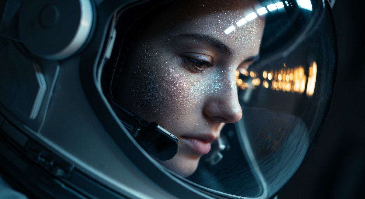Team_Greenfield's tweet image. Generated with Imagen 4  

Prompt: This is an intimate and melancholic close-up of a young woman inside an astronaut&apos;s helmet, her face dusted with what appears to be fine, silvery glitter or stardust. The art style combines science-fiction realism with a touch of poetic fantasy.…