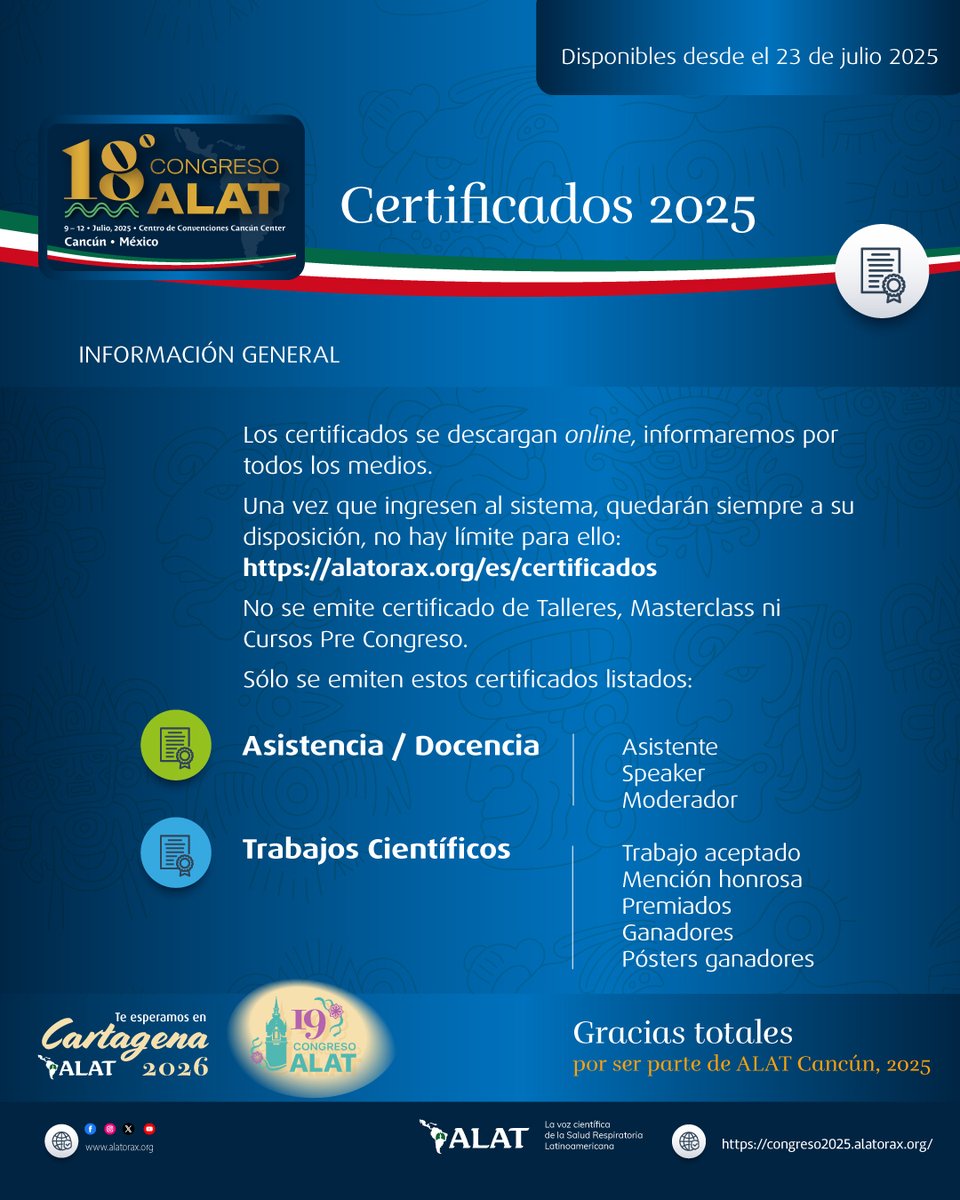 #ALAT2025 #Cancún Apreciados Colegas. Desde el 23 de julio estarán disponibles los certificados para descargar desde nuestro sistema: comunicaremos a toda la Comunidad ALAT por todos los medios institucionales, redes sociales, emails.
Los certificados permanecen allí siempre.
